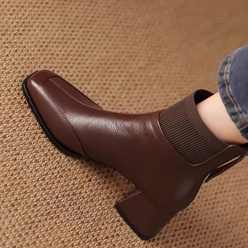 Women's 1.97inch Height-Increasing Square Toe Chunky Heel Mule-Style Lace-Up Ankle Boots - PU Cover-like Texture & Faux Cover Booties with Zipper Closure, All-Season Brown Tapered Leg Fit for Dresses, Pants, Jeans - Solid Bro