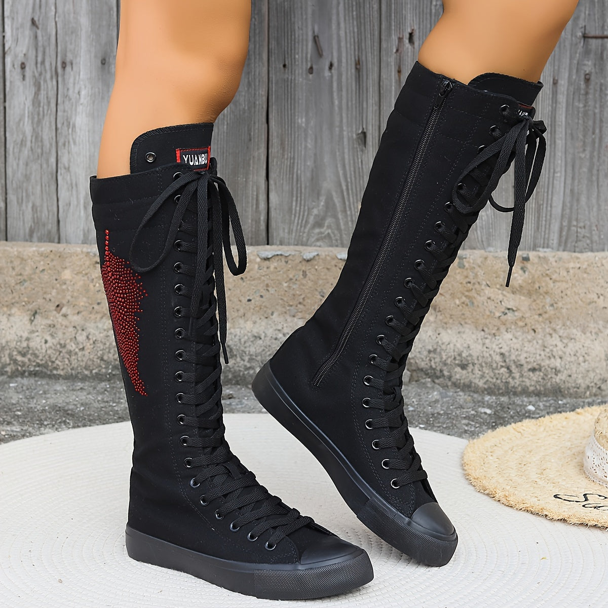 Low Heel Canvas Thigh-High Boots - Comfortable, Zipper Closure, Breathable Fabric Insole, Rubber Sole, Casual European Special Style for Women - All-Season Wear, Platform Design, No Printing