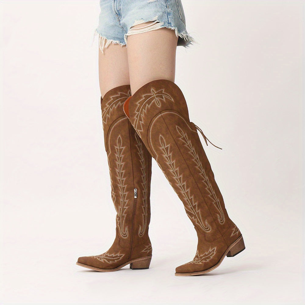 Stylish Wide Calf Thigh-High Over-the-Knee Boots with Back Lace-Up, Side Zipper, Studded Design, and Chunky Heel - Light Brown Faux Cover for Year-Round Elegance, Versatile Boots | Laceup Boots | Elegant Design, Thigh High Bo