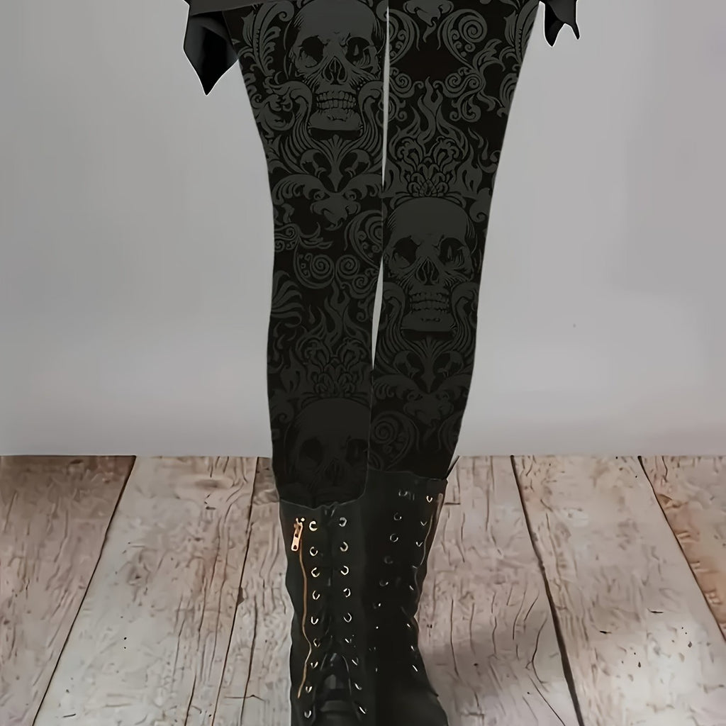 Women's Gothic Gothic Tight-Fitting Leg Pants - High-Waisted Stretchy Full-Length Pants with Thigh-High Boots-like Opening, All-Season Black & White Skull Print Tights for Costume Parties, Casual Attire & Themed Events - Mach