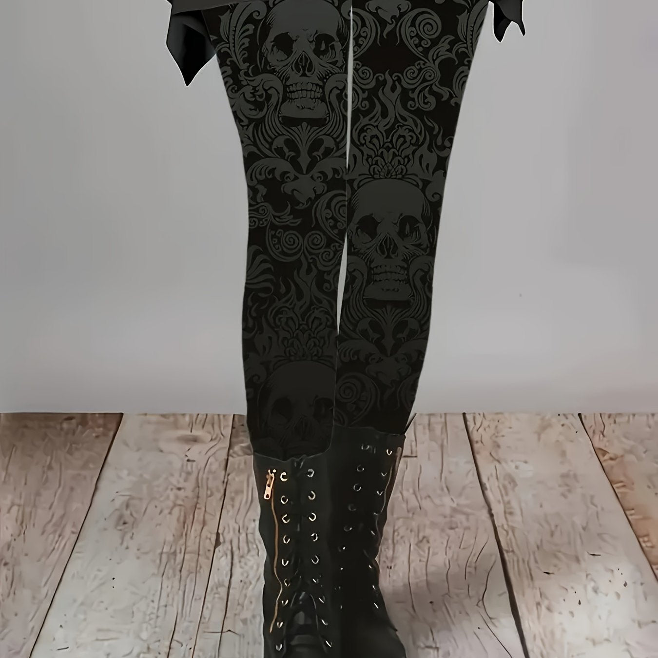 Women's Gothic Gothic Tight-Fitting Leg Pants - High-Waisted Stretchy Full-Length Pants with Thigh-High Boots-like Opening, All-Season Black & White Skull Print Tights for Costume Parties, Casual Attire & Themed Events - Mach