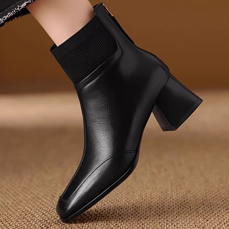 Women's 1.97inch Height-Increasing Square Toe Chunky Heel Mule-Style Lace-Up Ankle Boots - PU Cover-like Texture & Faux Cover Booties with Zipper Closure, All-Season Brown Tapered Leg Fit for Dresses, Pants, Jeans - Solid Bro