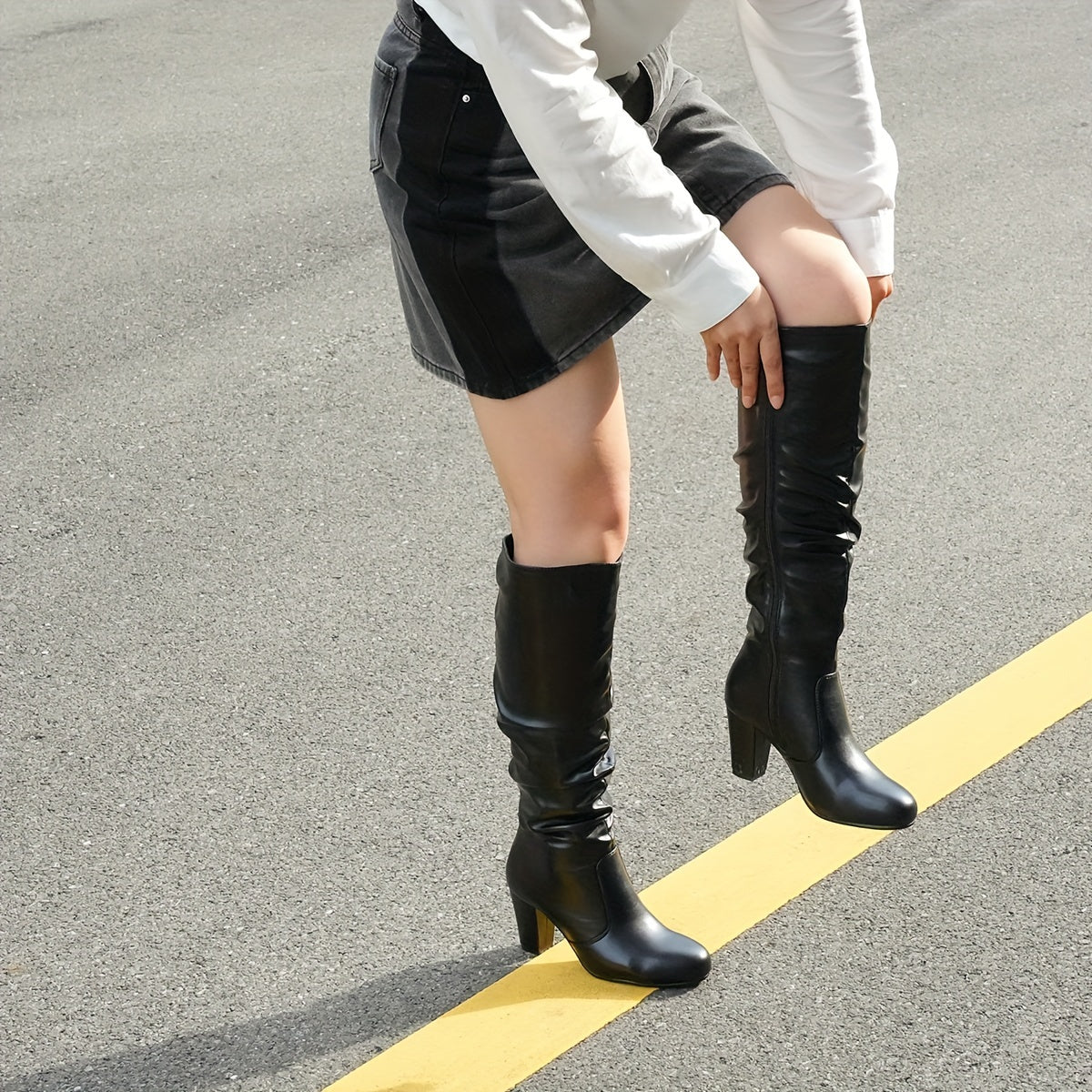 Women's Black White Fall High-heel Thigh High Boots Chunky Heels Side Zip Knee High Boots Winter Boots Women's Boots Elegant Boots, Wedding Season Bridesmaids Shoes Halloween Christmas Clearance Fall Big Sale