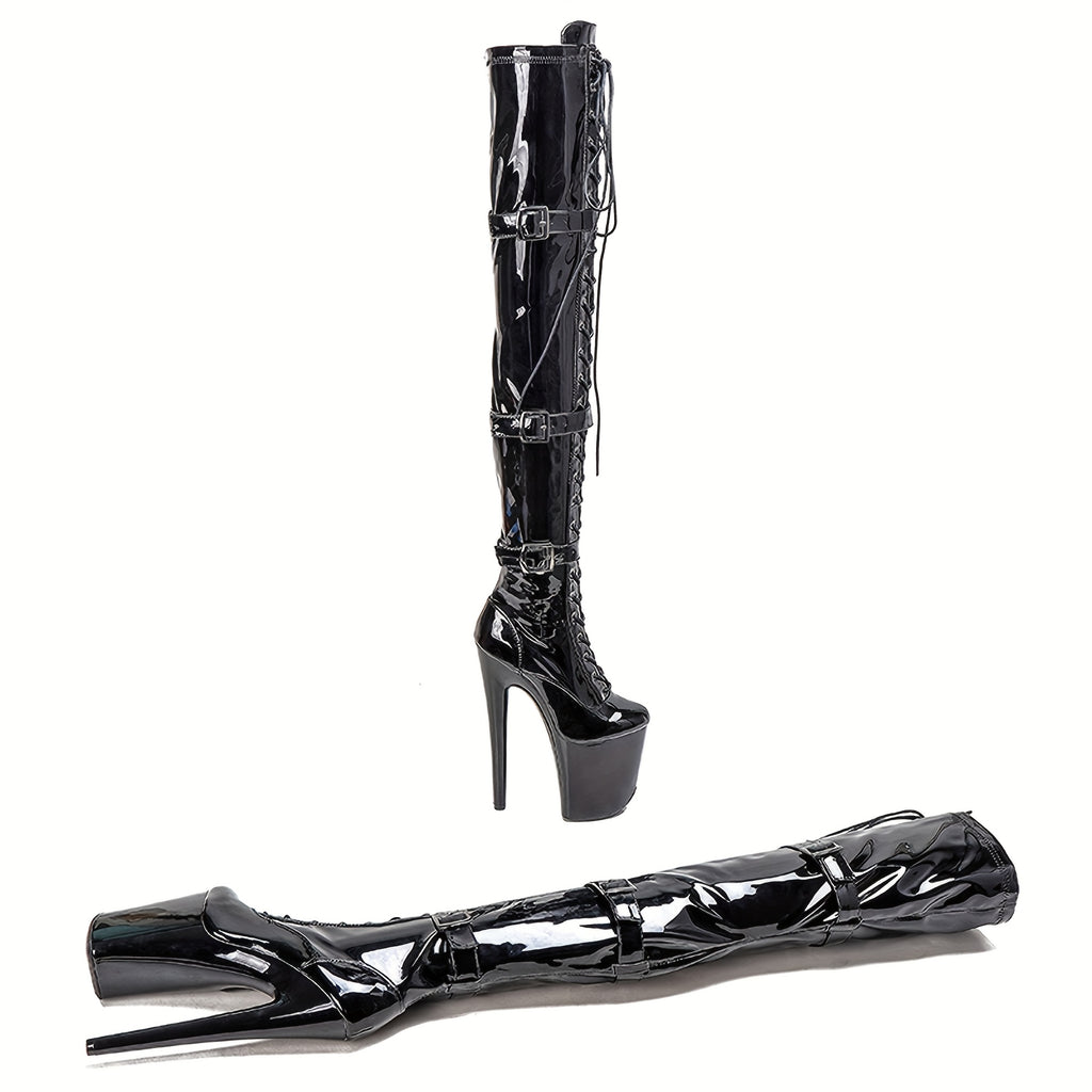 MISSHEELS Women's 8" Platform Stiletto Thigh High Boots - Sexy PU Cover Over-The-Knee Zipper Closure, Plus Size All-Season Exotic Pole Boots for Casual & Nightlife, Nightlife Footwear | Sleek Stiletto Boots | Pu Cover Boots,