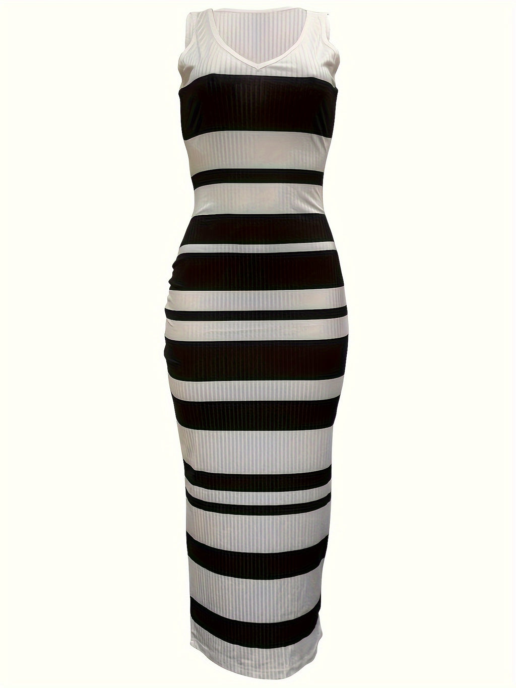 Striped V-neck Tank Dress, Sexy Sleeveless Midi Bodycon Dress For Spring & Summer, Women's Clothing