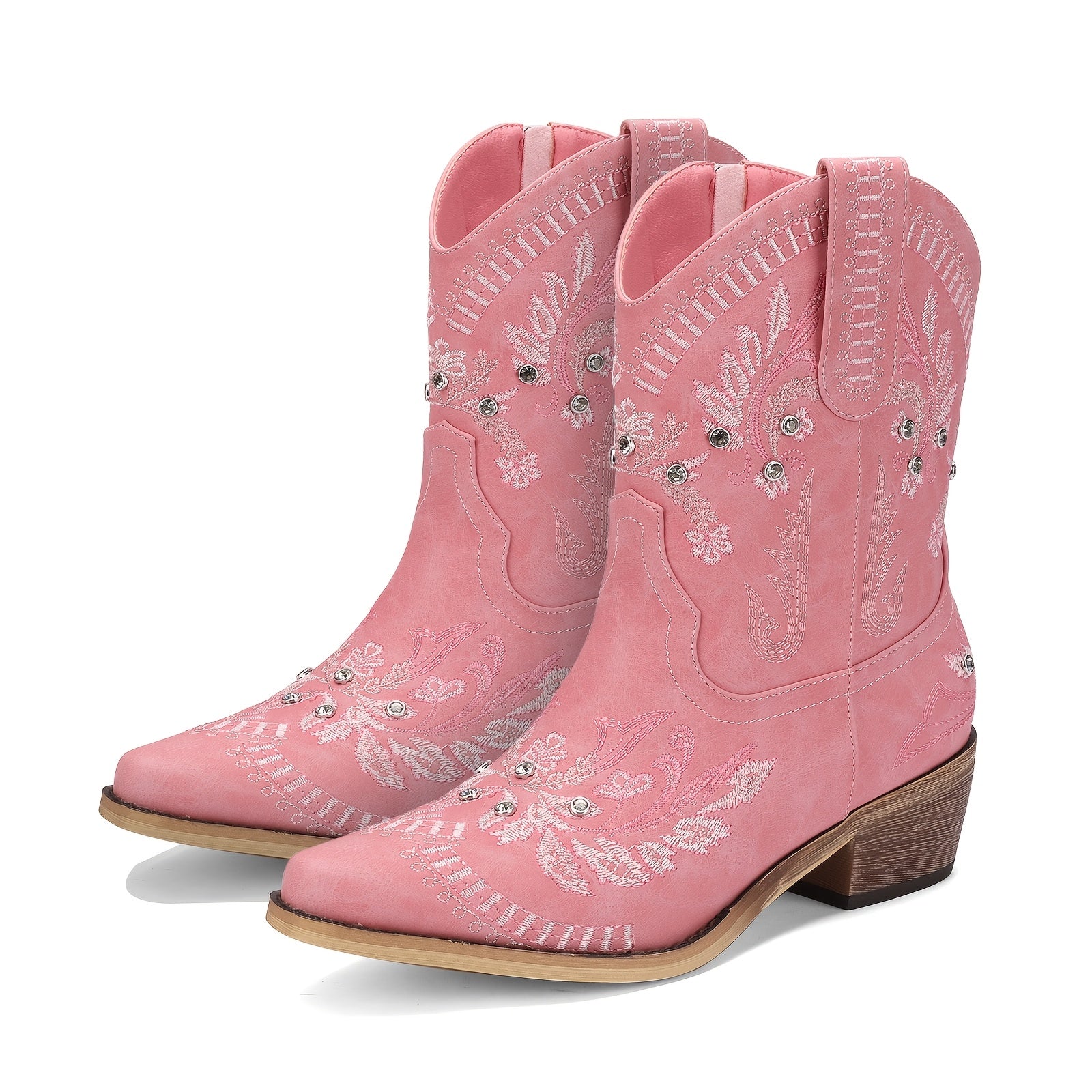 Women’s Mid-Calf Western Cowgirl Boots with Rhinestones & Embroidery – Red Floral Design, Square Toe, Chunky Low Heel, Easy Pull-On Style for Comfortable Casual Wear, Ladies Boots