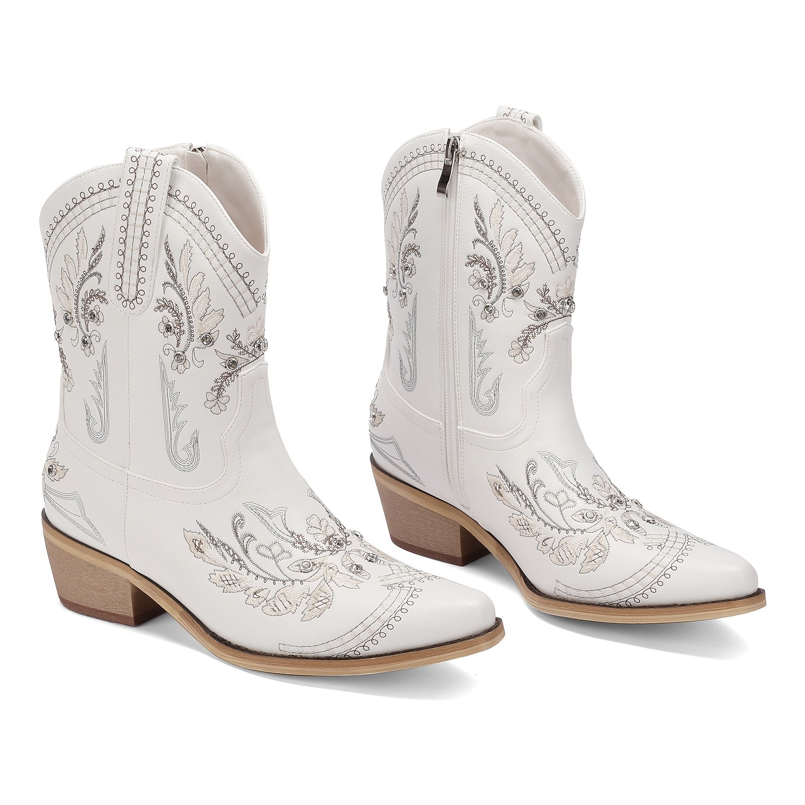 Women’s Mid-Calf Western Cowgirl Boots with Rhinestones & Embroidery – Red Floral Design, Square Toe, Chunky Low Heel, Easy Pull-On Style for Comfortable Casual Wear, Ladies Boots
