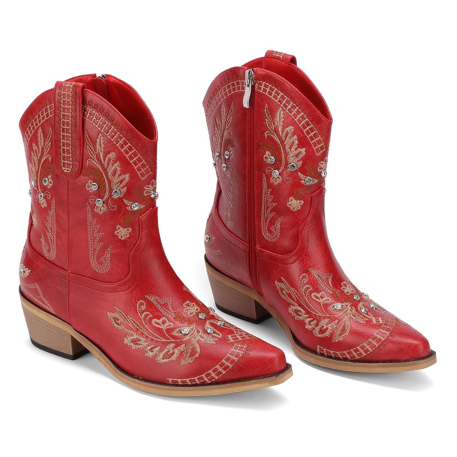 Women’s Mid-Calf Western Cowgirl Boots with Rhinestones & Embroidery – Red Floral Design, Square Toe, Chunky Low Heel, Easy Pull-On Style for Comfortable Casual Wear, Ladies Boots