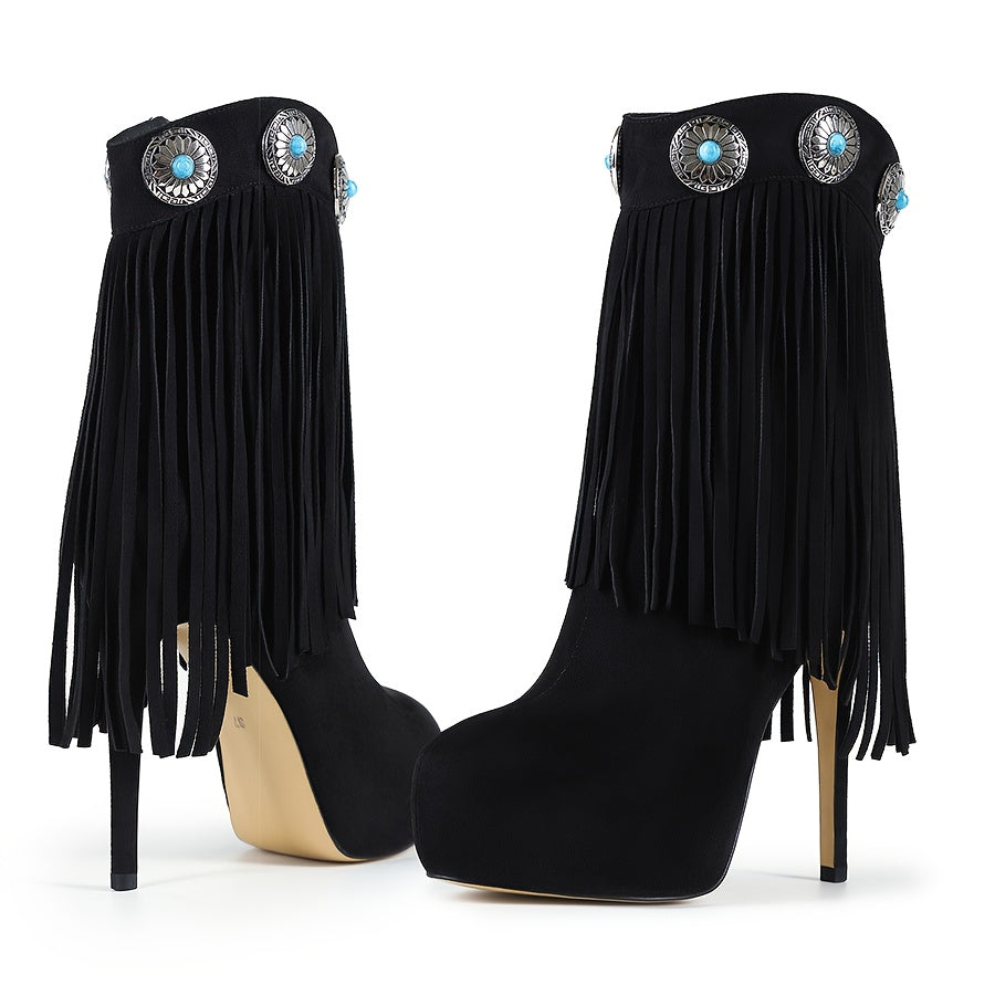 Women'S Fringe Long Boots with Retro Synthetic Gemstone Decor Western Style High-Top Boots, Fashionable Stage Performance Stiletto Heels for Spring and Autumn, Metal Stud Embellished Round Toe Side Zipper Ultra-High Thin Heel