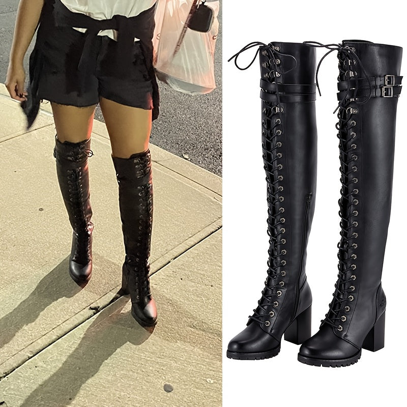 Women'S Faux Leather Over The Knee Thigh High Boots, Black Lace Up Knee High Boots With Chunky Heel, Sexy Biker Boots With Buckle