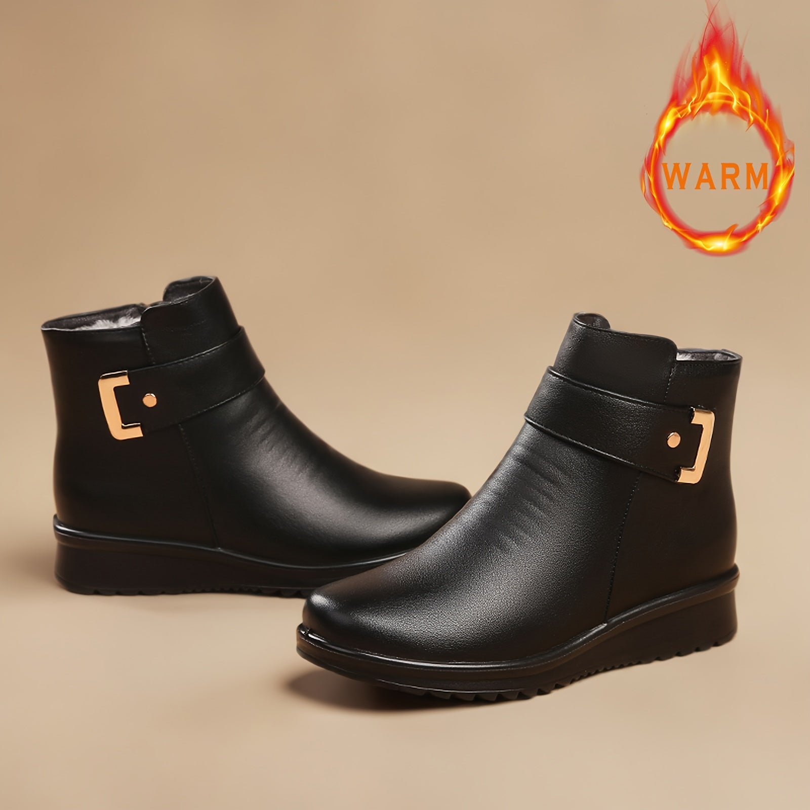 Women's Fleece-Like Winter Boots with Dress Compatibility - Retro Round-Toe Ankle Booties, Golden-Tone Buckle-Like Zipper Closure, Faux Cover Upper & PU Sole, Warm Round Heel for Dresses/Coutfits (Casual/Dressy) - Hand Washab