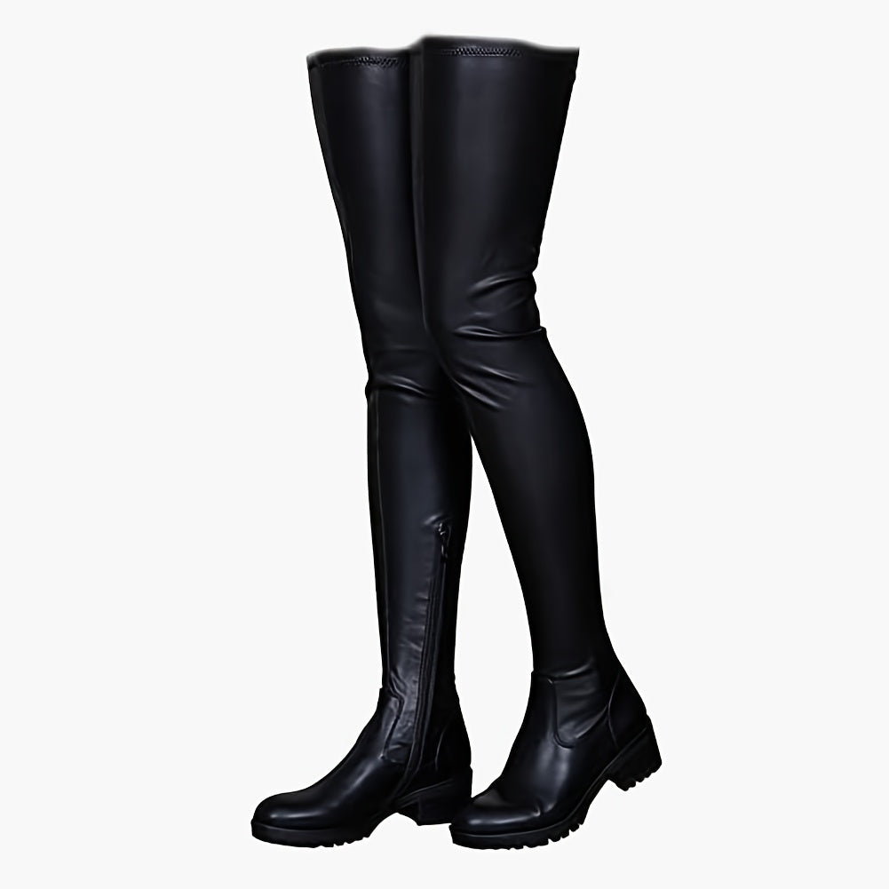 Women's Chunky Platform Heel Thigh High Boots with Side Zipper - PU Cover Over-The-Knee Boots, Round Toe & Rubber Sole for All-Season Comfort, Casual Office Party Shoes, High Heel Boots, Versatile Footwear, Sleek Design, Qual