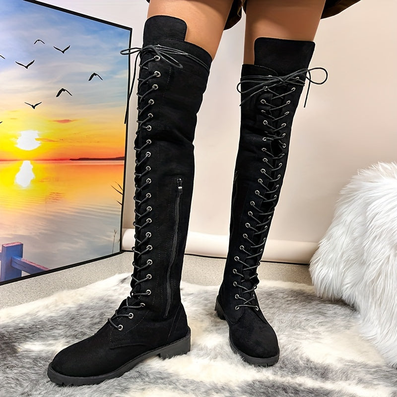 Mid Heel Womens Thigh High Boots - Soft Flannel Lined, Lace Up, Round Toe, Comfortable, Warm, and Fashionable Flat Long Boots for Casual Occasions