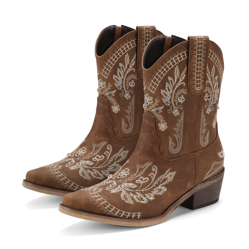 Women’s Mid-Calf Western Cowgirl Boots with Rhinestones & Embroidery – Red Floral Design, Square Toe, Chunky Low Heel, Easy Pull-On Style for Comfortable Casual Wear, Ladies Boots