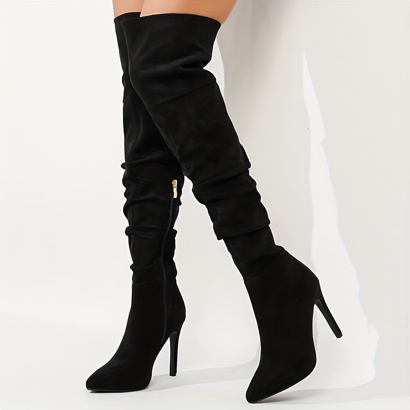 Elegant Over-the-Knee Boots for Women - Winter Solid Color High Heel Boots with Pointed Toe, Stiletto Heel, Zipper Closure, Flannel Upper, Fabric Inner & Rubber Sole - Ultrahigh Heel Thigh High Boots for North America & Europ