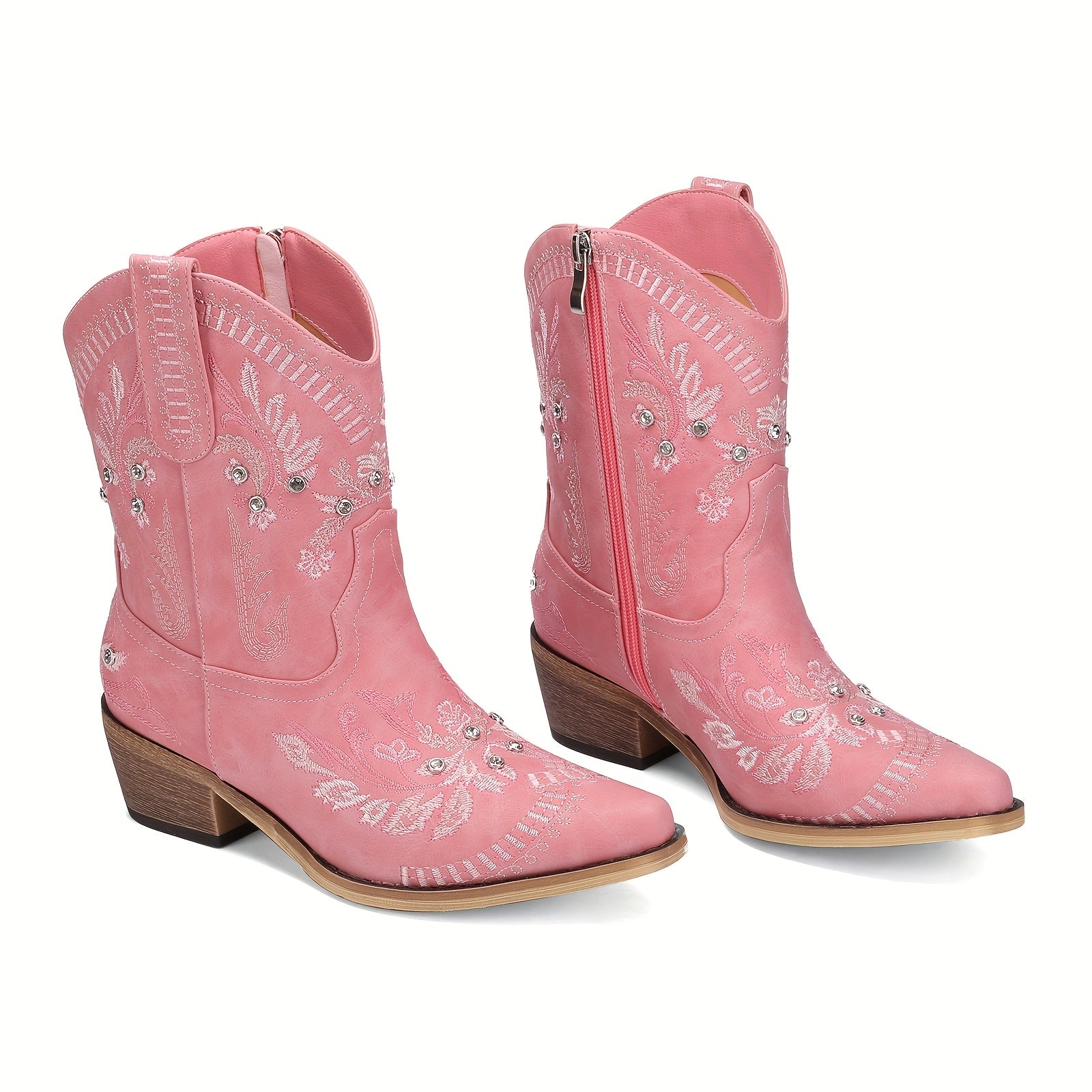 Women’s Mid-Calf Western Cowgirl Boots with Rhinestones & Embroidery – Red Floral Design, Square Toe, Chunky Low Heel, Easy Pull-On Style for Comfortable Casual Wear, Ladies Boots