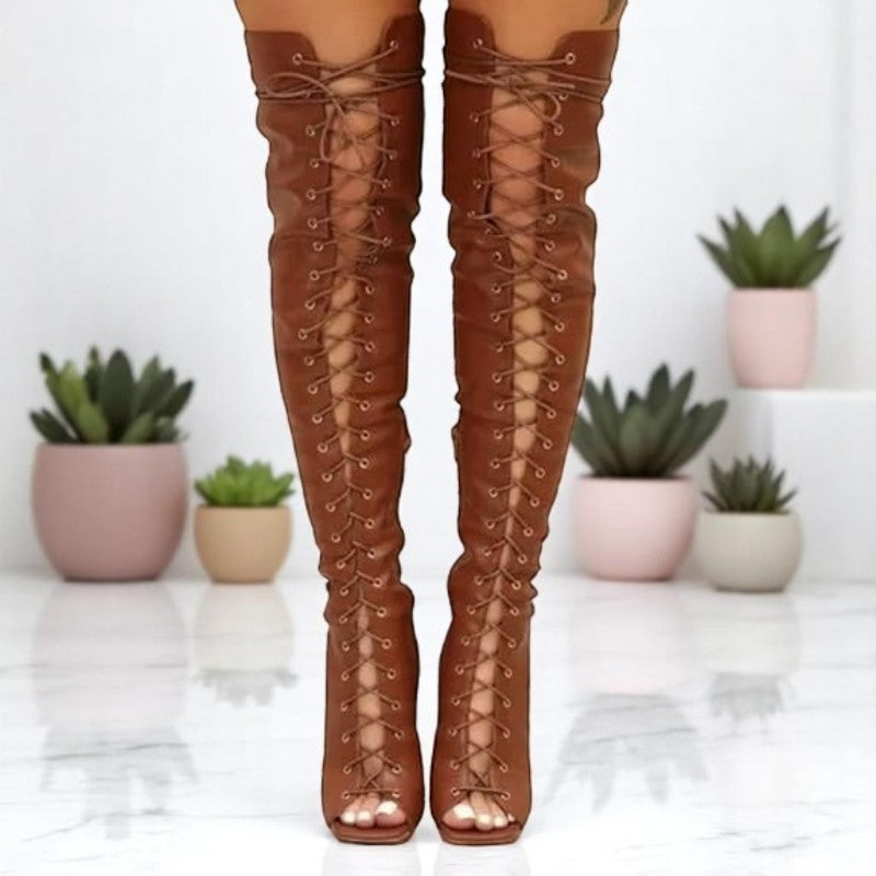 Women's Lace-Up Over-the-Knee Peep-Toe Boots - Thigh-High Boots