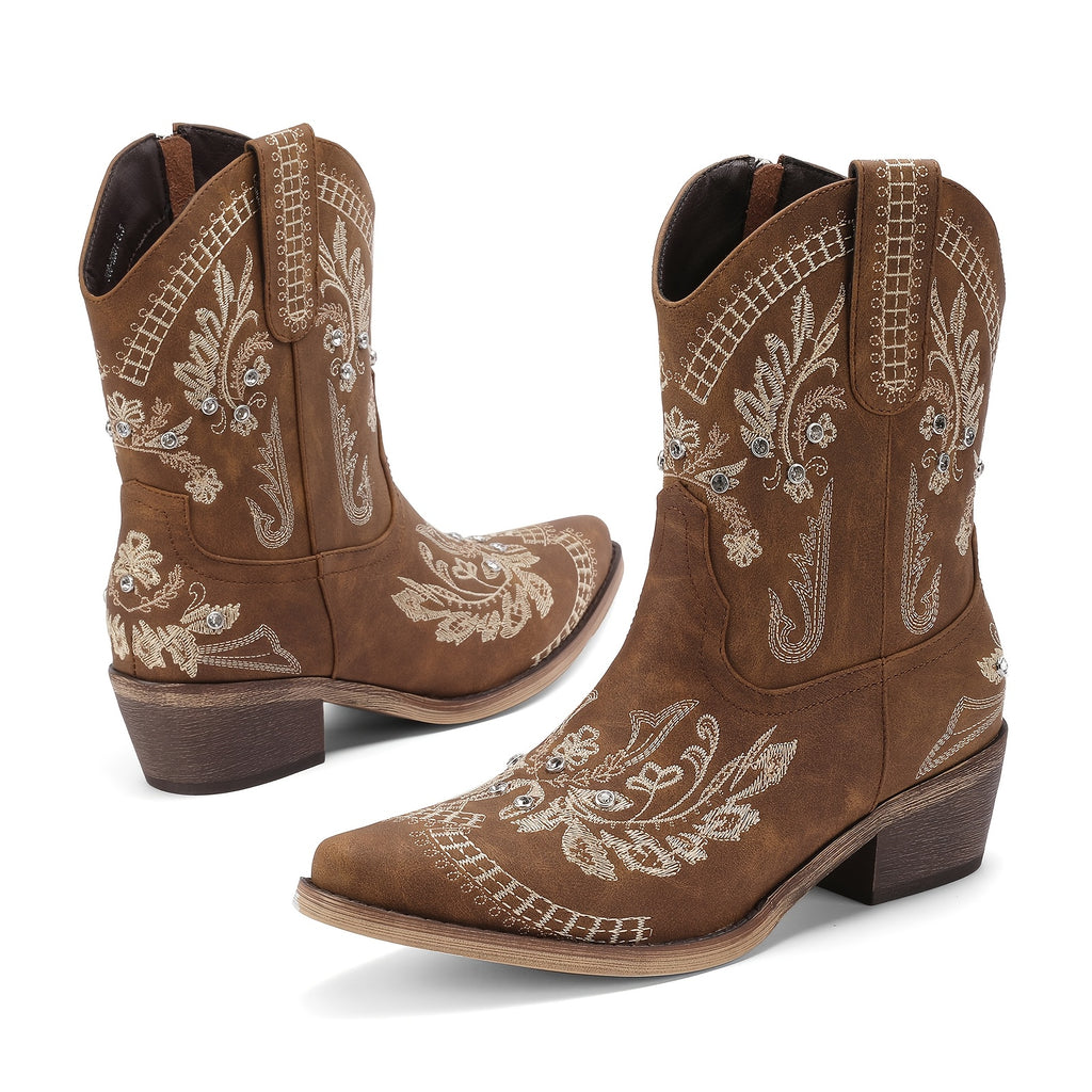 Women’s Mid-Calf Western Cowgirl Boots with Rhinestones & Embroidery – Red Floral Design, Square Toe, Chunky Low Heel, Easy Pull-On Style for Comfortable Casual Wear, Ladies Boots