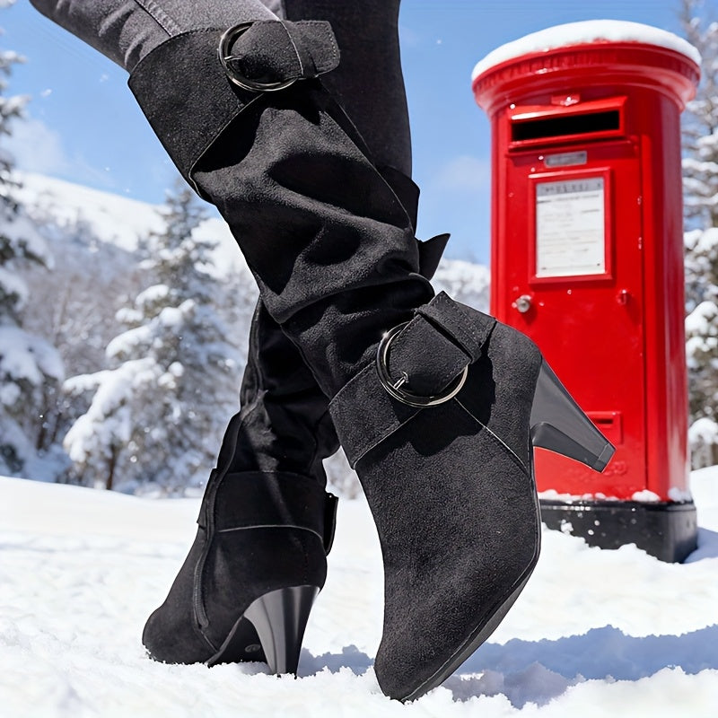 Women'S Pointed Toe Zipper Long Boots with Chunky Heel - Full-Zip Closure, Round Toe & Plush Lining, TPR Sole, Soft Fabric Upper - Winter Warmth, Versatile for Casual & Formal Outfits (Black) - Easy On/Off & Durable Design, W