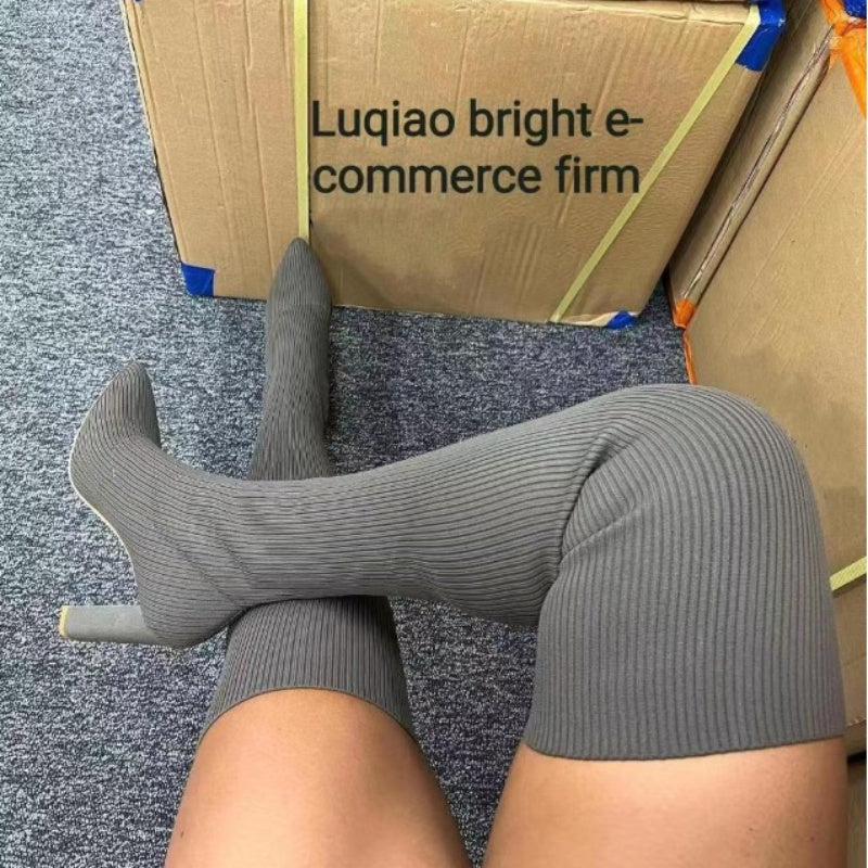 Knitted Elastic Thigh-high Boots, High Heels Over The Knee, Stylish and Versatile, Comfortable and Durable