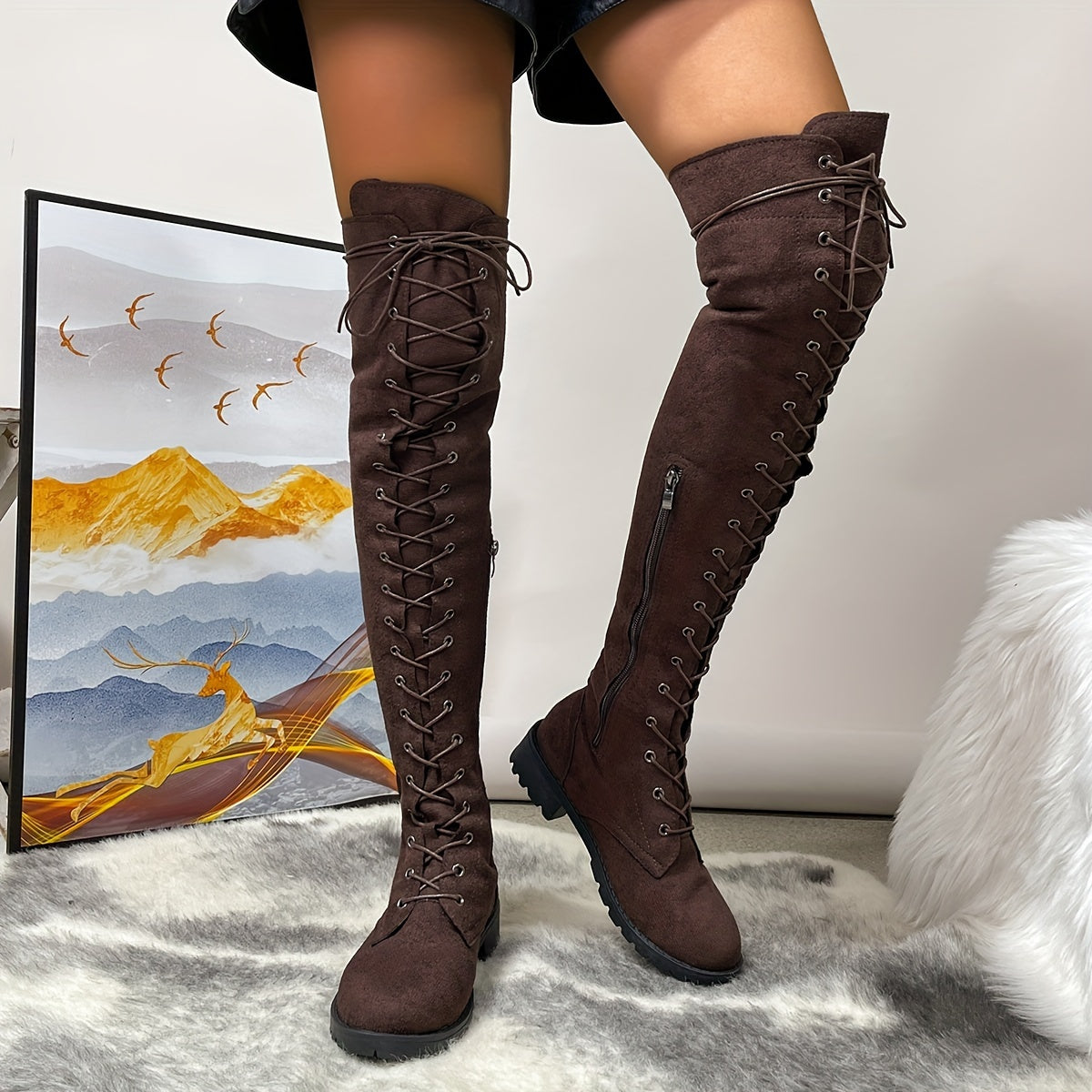 Mid Heel Womens Thigh High Boots - Soft Flannel Lined, Lace Up, Round Toe, Comfortable, Warm, and Fashionable Flat Long Boots for Casual Occasions