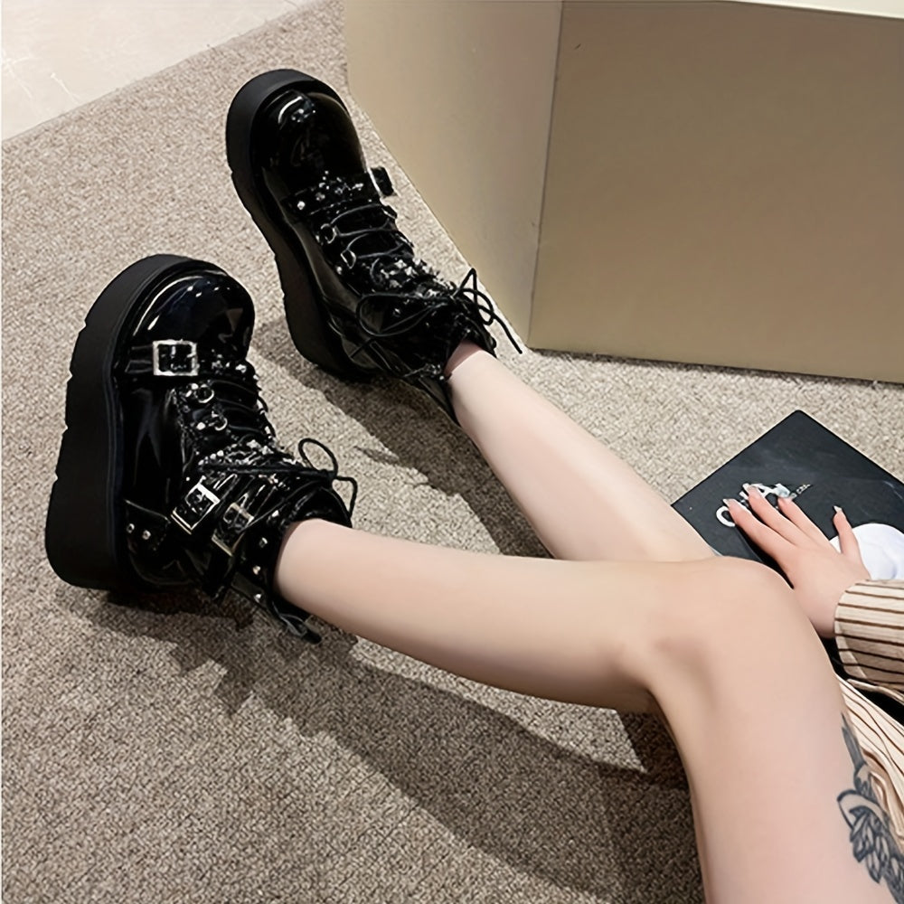 Gothic Leather Rivet Wedge Punk Boots For Women Side Zipper Buckle Belt Ankle Motorcycle Boots Platform Women Boots Sexy Party Nightclub Cosplay Martin Boots
