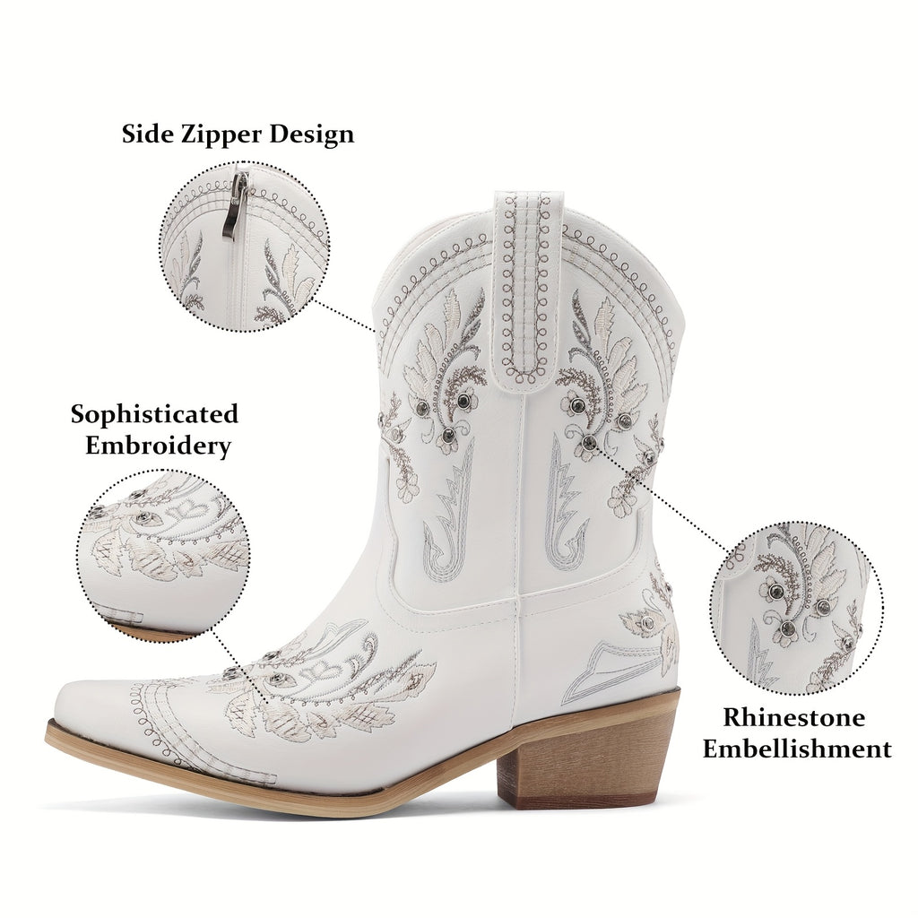 Women’s Mid-Calf Western Cowgirl Boots with Rhinestones & Embroidery – Red Floral Design, Square Toe, Chunky Low Heel, Easy Pull-On Style for Comfortable Casual Wear, Ladies Boots