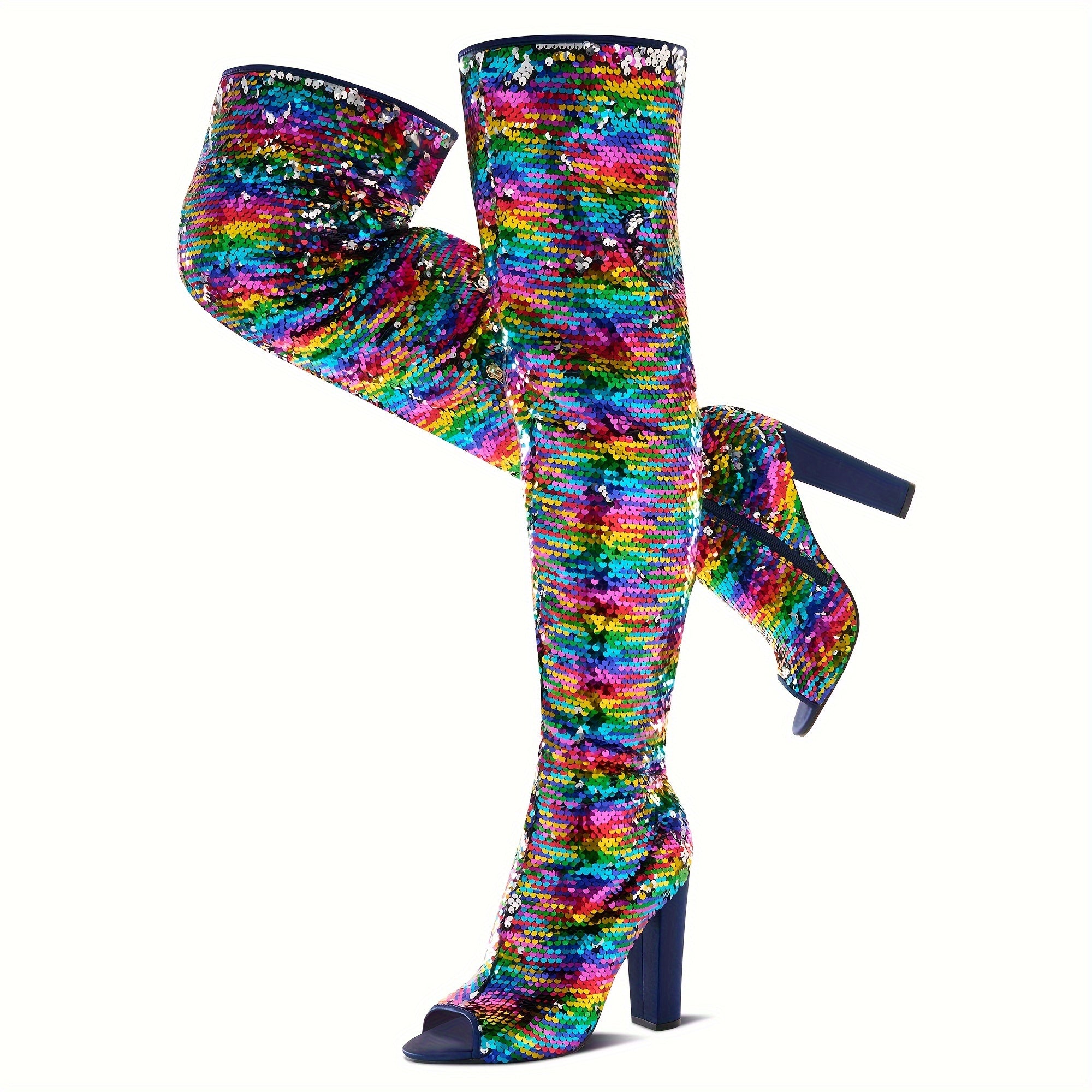 Sparkly Thigh High Boots for Women Sexy Sequin Over The Knee High Boots Party Prom Open Toe Chunky High Heels