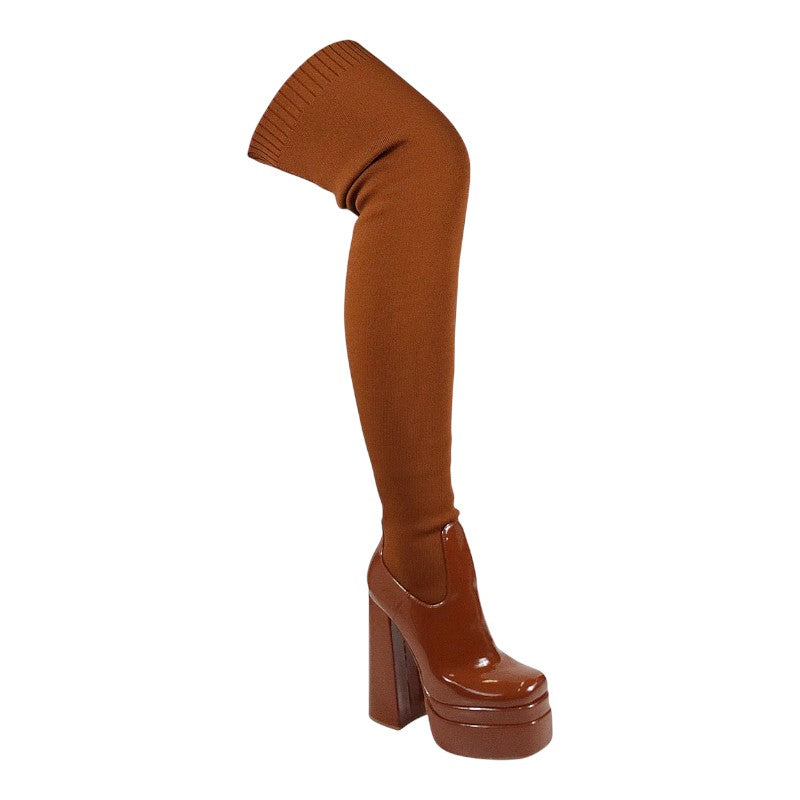 Women Platform Thigh High Boots Chunky Block Heels Over The Knee Boots Stretch Close Toe Party Boots