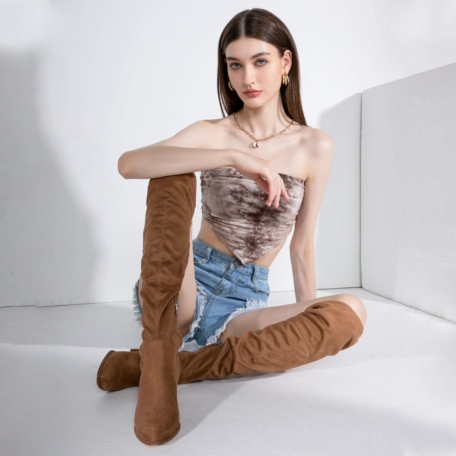 Women's Over the Knee Boots Suede Thigh High Boots Chunky Block Heel Pointed Toe Stretch Wide Calf Long Slouch Fall Winter Dress Boots
