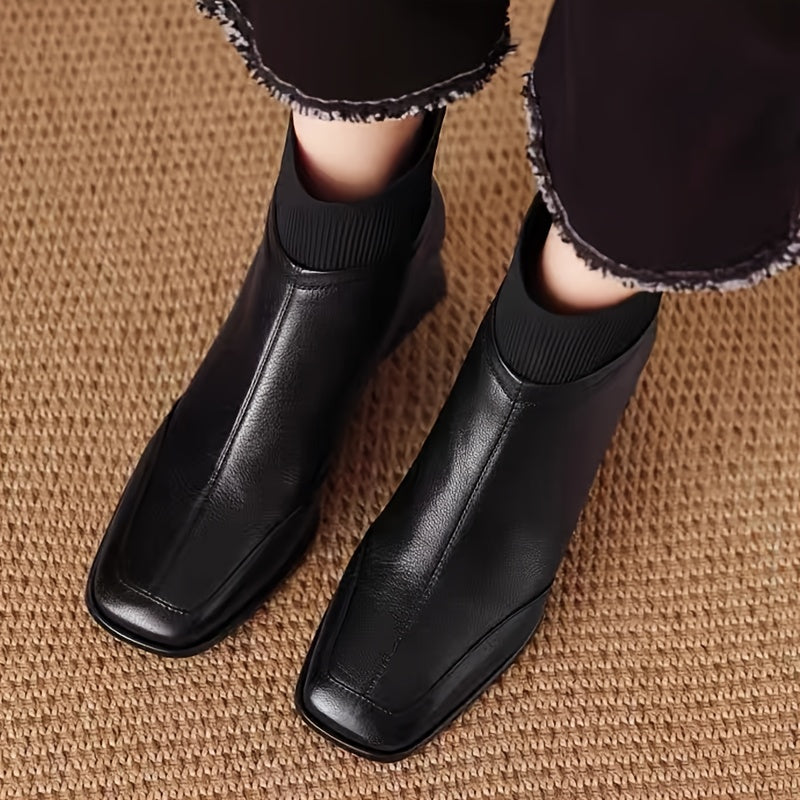 Women's 1.97inch Height-Increasing Square Toe Chunky Heel Mule-Style Lace-Up Ankle Boots - PU Cover-like Texture & Faux Cover Booties with Zipper Closure, All-Season Brown Tapered Leg Fit for Dresses, Pants, Jeans - Solid Bro