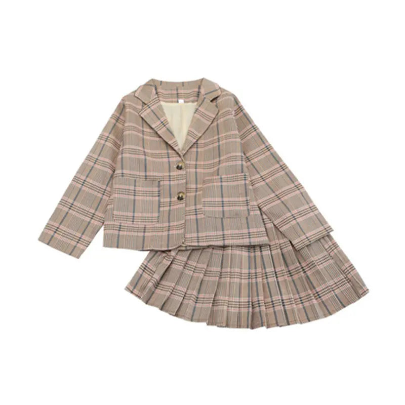 Girls Clothing Suit For Formal Party Blazer And Skirt Set Fashion Spring Children Cotton Linen Plaid Outfits 4 5 7 9 11 12 13Yrs