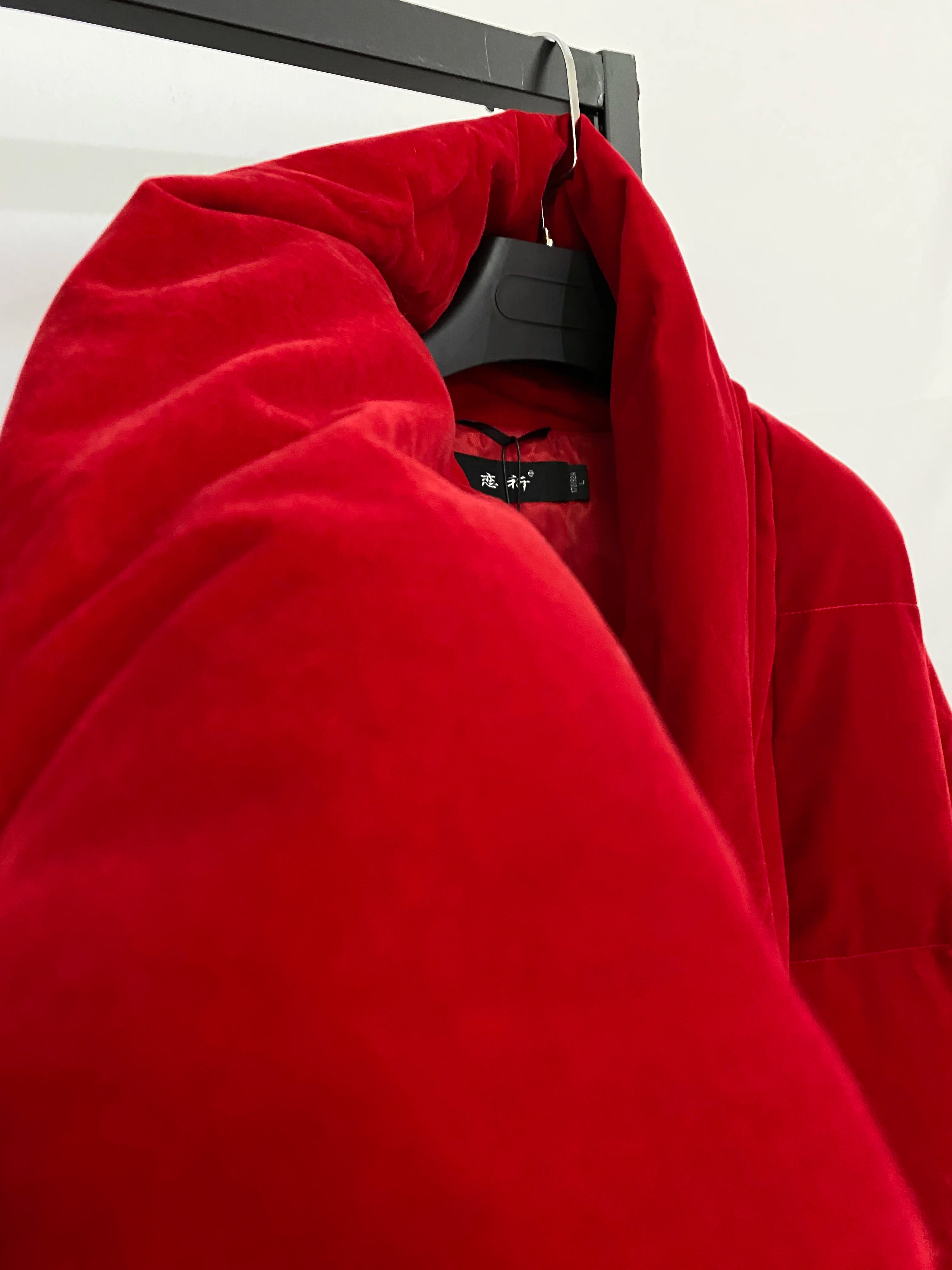 Women Winter Jacket V Neck Belted Warm Thick Cotton Padded Parkas Velvet Jacket Red Long Sleeve Short Casual Down Cotton Jacket