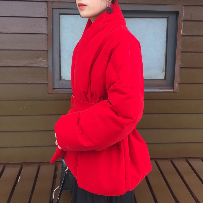 Women Winter Jacket V Neck Belted Warm Thick Cotton Padded Parkas Velvet Jacket Red Long Sleeve Short Casual Down Cotton Jacket