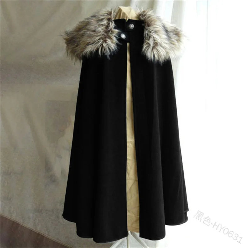 Men's Medieval Costume Cloak Autumn Winter Thick Warm Solid Fur Collar Cape Coat Loose Gothic Women Vintage Woolen Ladies Coats