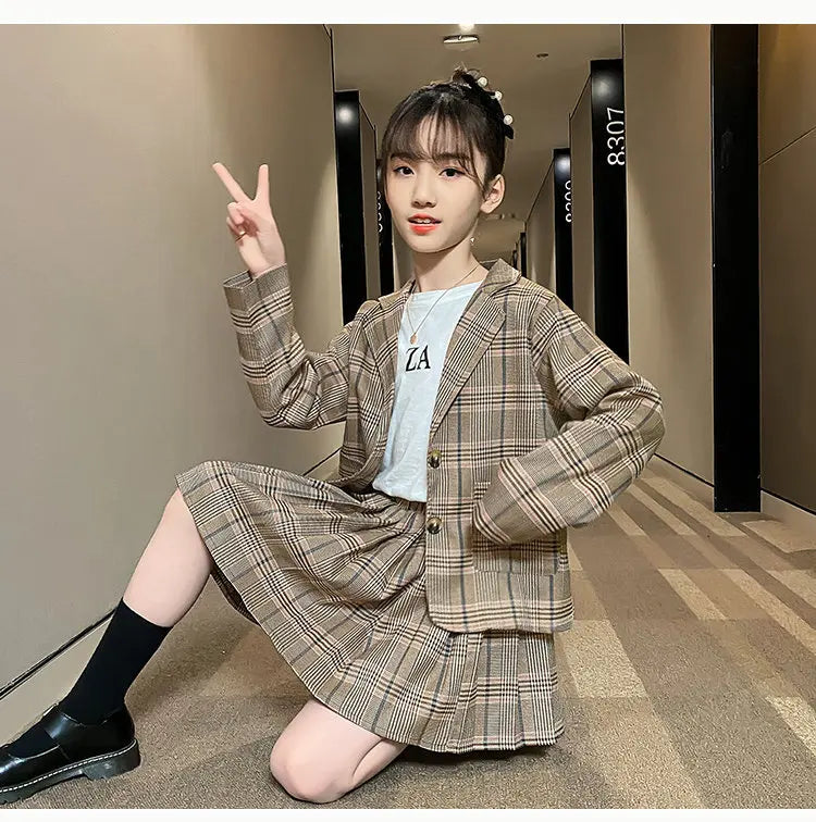 Girls Clothing Suit For Formal Party Blazer And Skirt Set Fashion Spring Children Cotton Linen Plaid Outfits 4 5 7 9 11 12 13Yrs