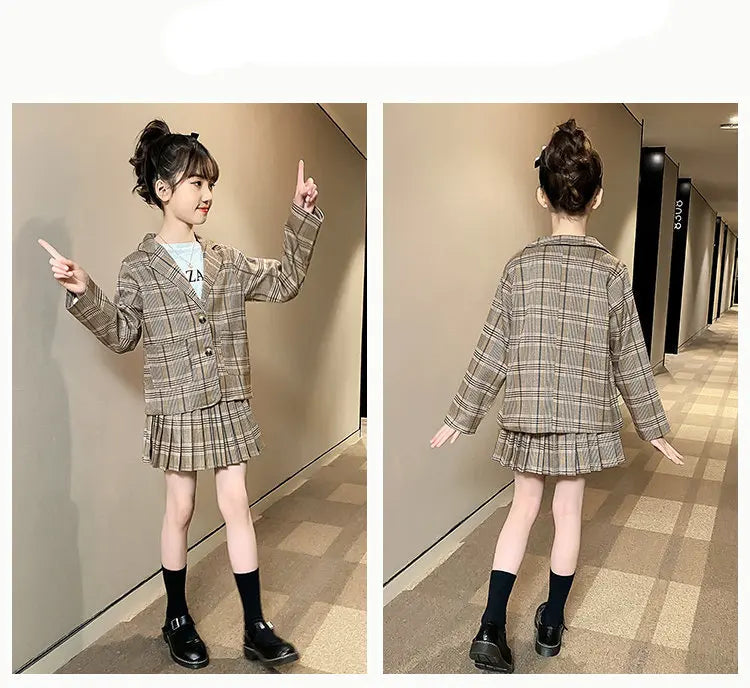 Girls Clothing Suit For Formal Party Blazer And Skirt Set Fashion Spring Children Cotton Linen Plaid Outfits 4 5 7 9 11 12 13Yrs