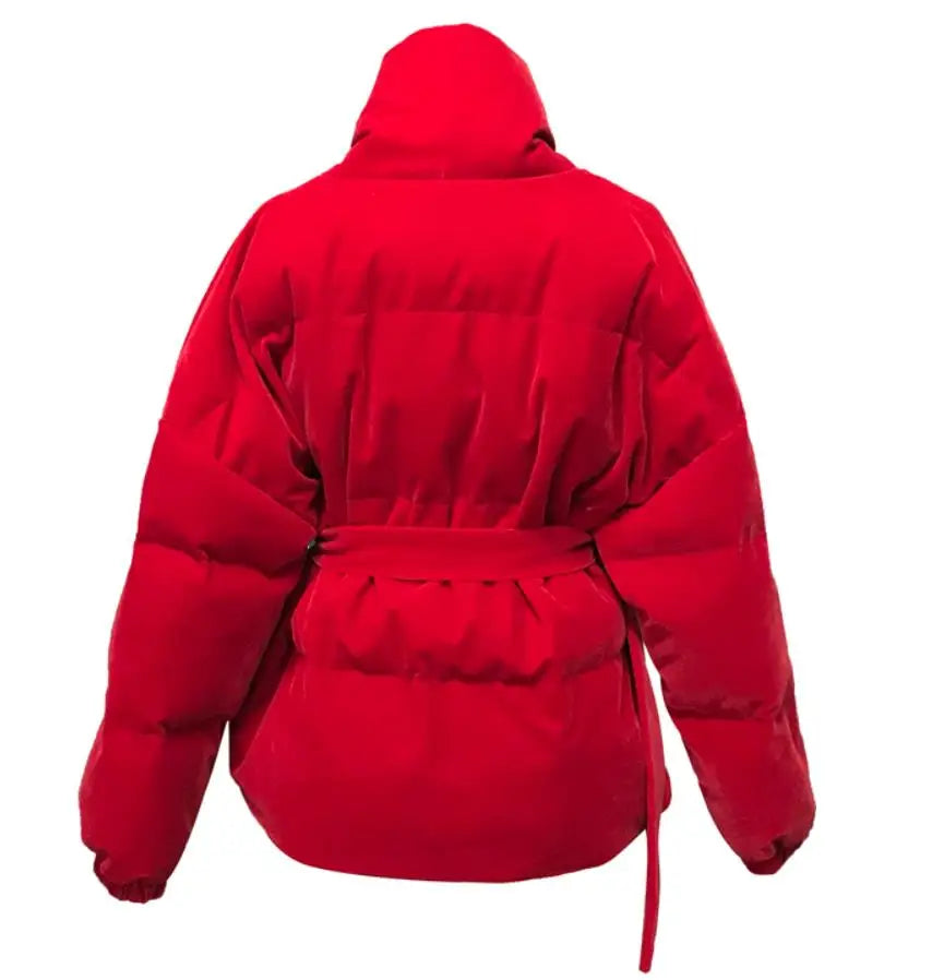 Women Winter Jacket V Neck Belted Warm Thick Cotton Padded Parkas Velvet Jacket Red Long Sleeve Short Casual Down Cotton Jacket