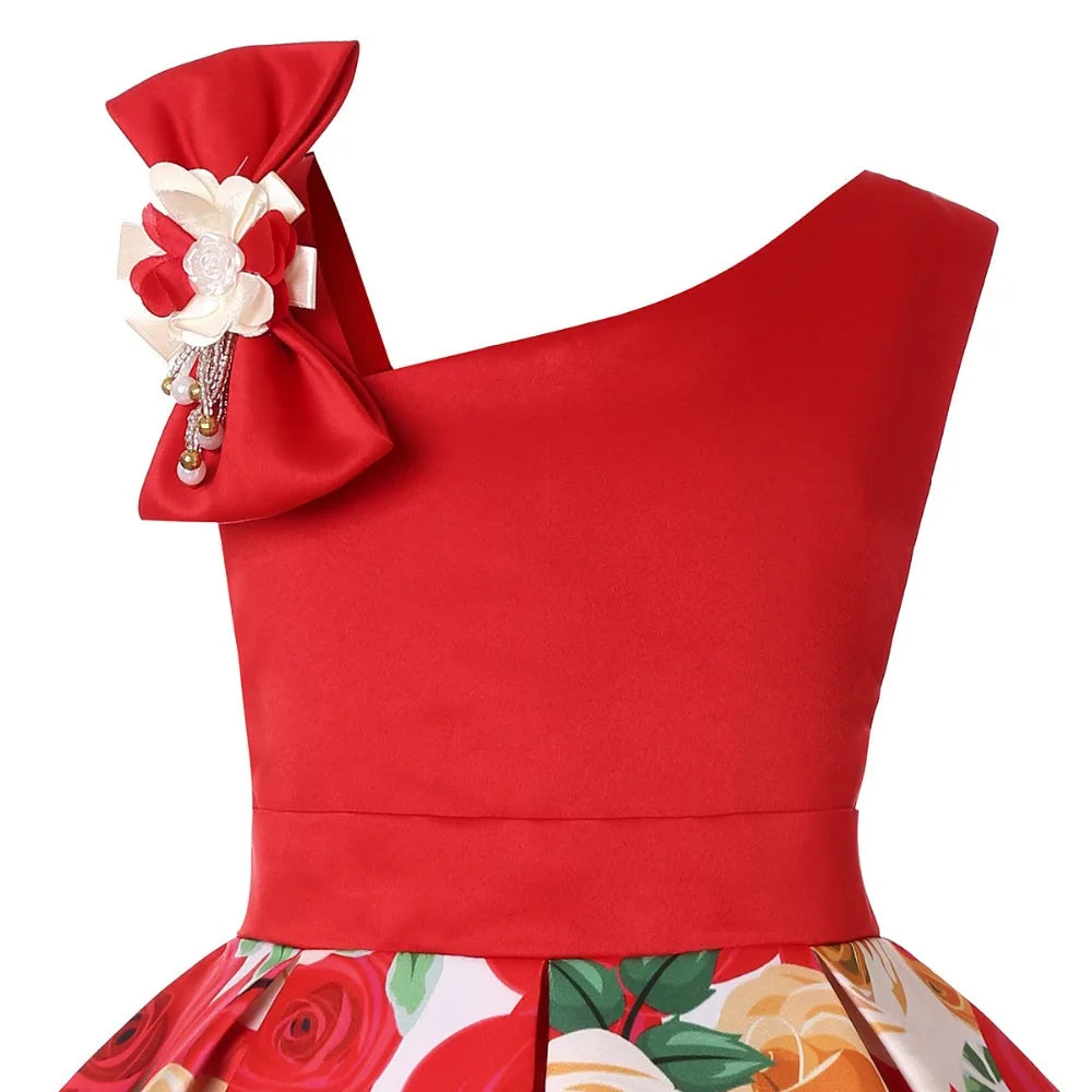 Girls Dress For Kids Clothes Flower One-shoulder Pageant Birthday Wedding Party Princess Children Dress 3 4 5 6 7 8 9 years
