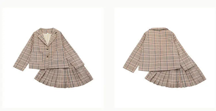 Girls Clothing Suit For Formal Party Blazer And Skirt Set Fashion Spring Children Cotton Linen Plaid Outfits 4 5 7 9 11 12 13Yrs