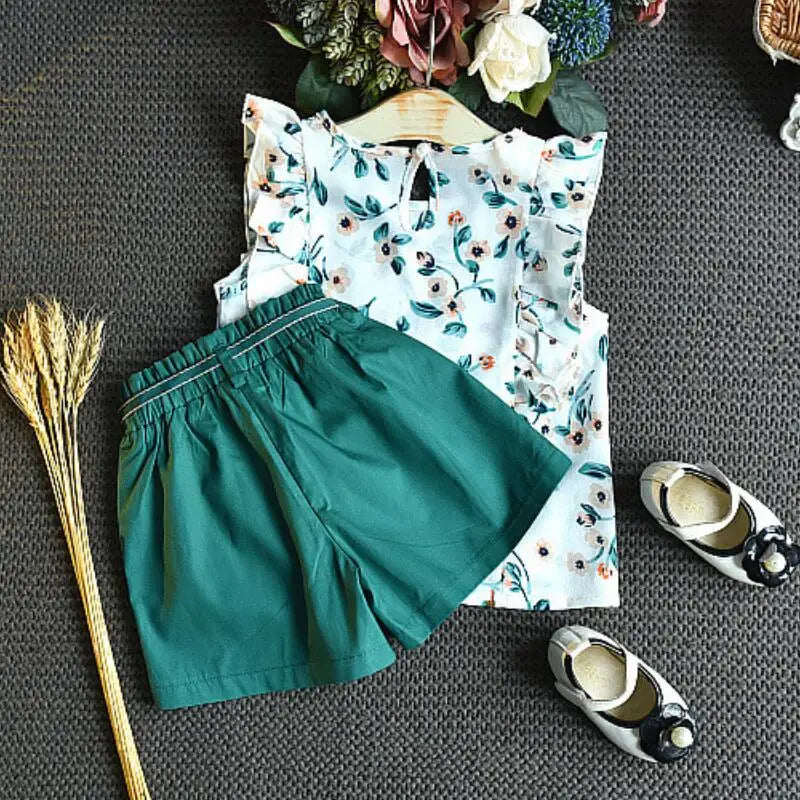 Girls Clothing Ruffle Sleeveless T-shirt+Skirt 2PCS Sets Baby Girls Clothes Chiffon Flower Print Toddler Outfits Children A402