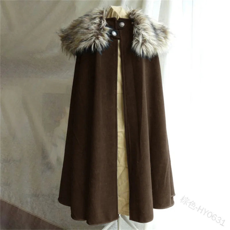 Men's Medieval Costume Cloak Autumn Winter Thick Warm Solid Fur Collar Cape Coat Loose Gothic Women Vintage Woolen Ladies Coats