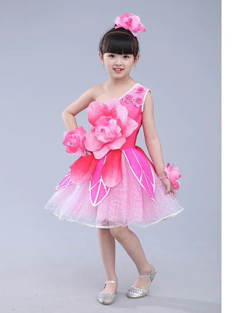 girls pink flower dance costumes kindergarten performance clothing festival dance dress carnival supplies