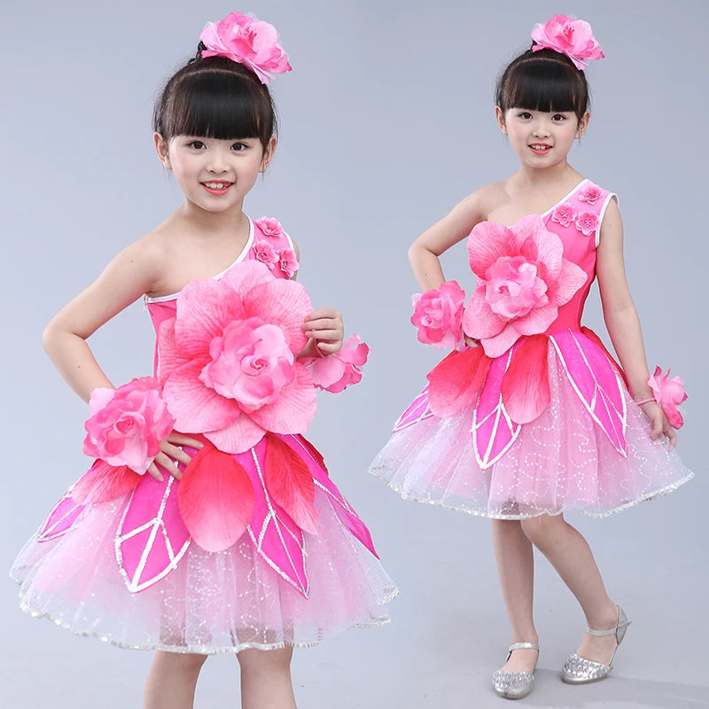 girls pink flower dance costumes kindergarten performance clothing festival dance dress carnival supplies
