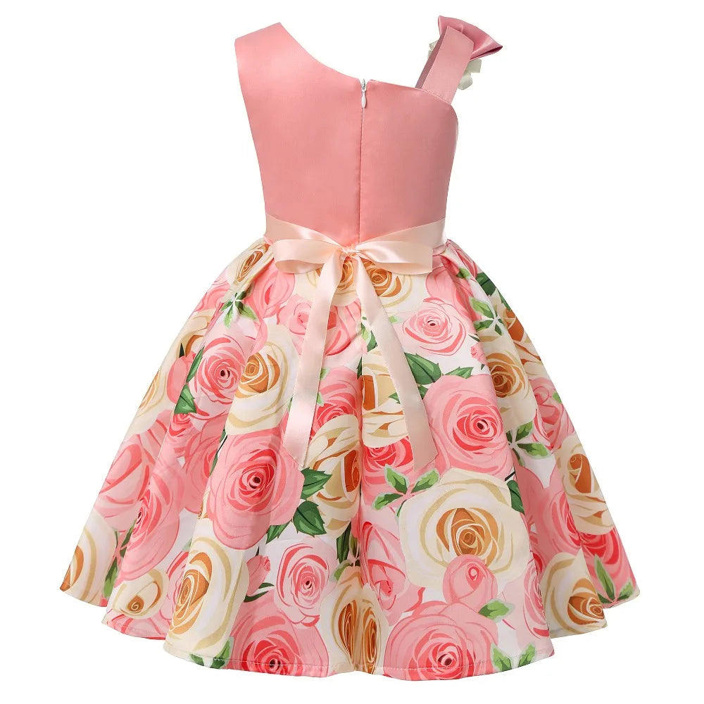Girls Dress For Kids Clothes Flower One-shoulder Pageant Birthday Wedding Party Princess Children Dress 3 4 5 6 7 8 9 years