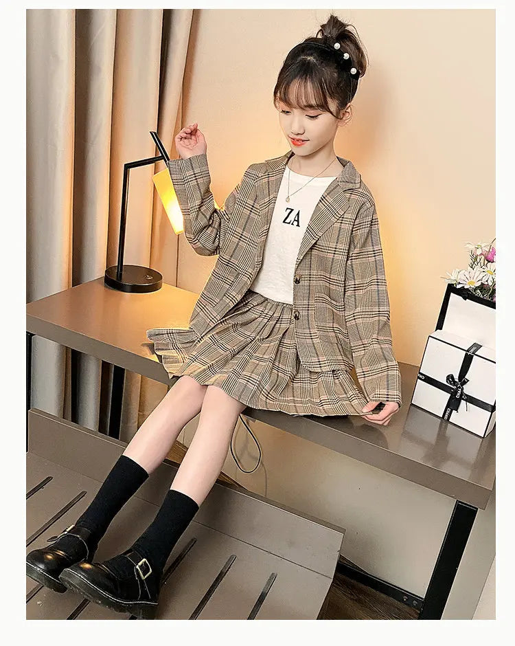 Girls Clothing Suit For Formal Party Blazer And Skirt Set Fashion Spring Children Cotton Linen Plaid Outfits 4 5 7 9 11 12 13Yrs