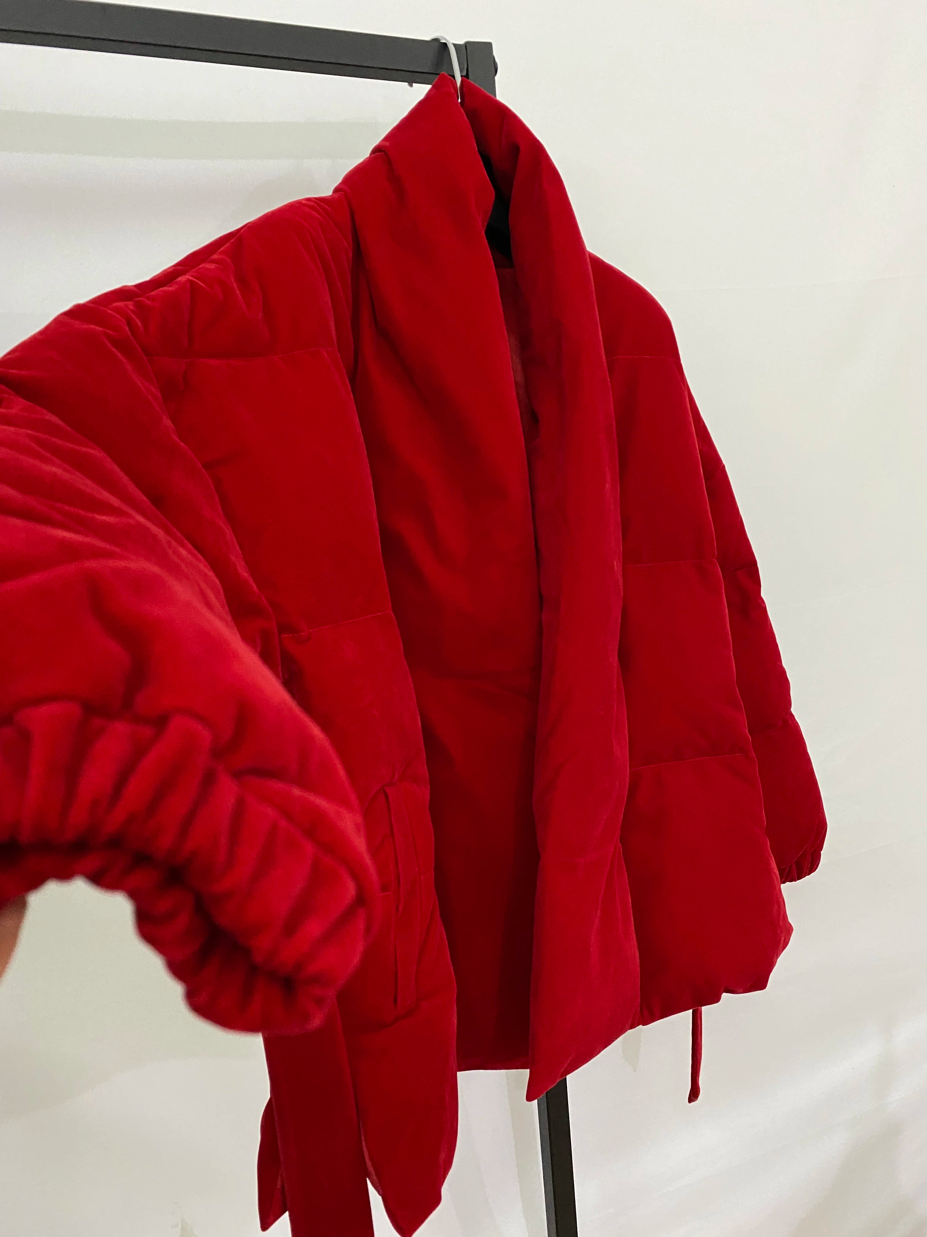 Women Winter Jacket V Neck Belted Warm Thick Cotton Padded Parkas Velvet Jacket Red Long Sleeve Short Casual Down Cotton Jacket