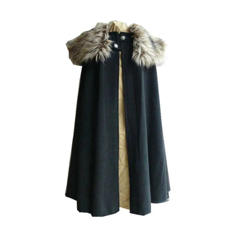 Men's Medieval Costume Cloak Autumn Winter Thick Warm Solid Fur Collar Cape Coat Loose Gothic Women Vintage Woolen Ladies Coats