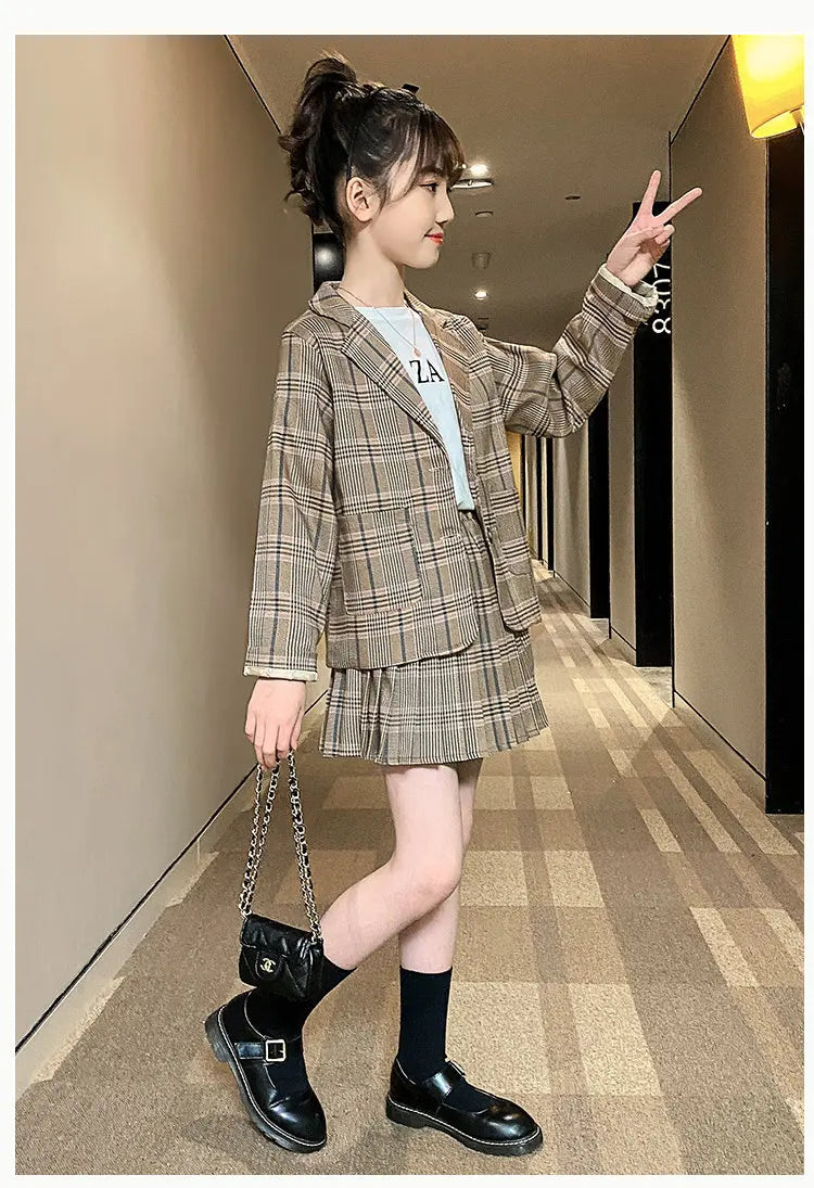 Girls Clothing Suit For Formal Party Blazer And Skirt Set Fashion Spring Children Cotton Linen Plaid Outfits 4 5 7 9 11 12 13Yrs