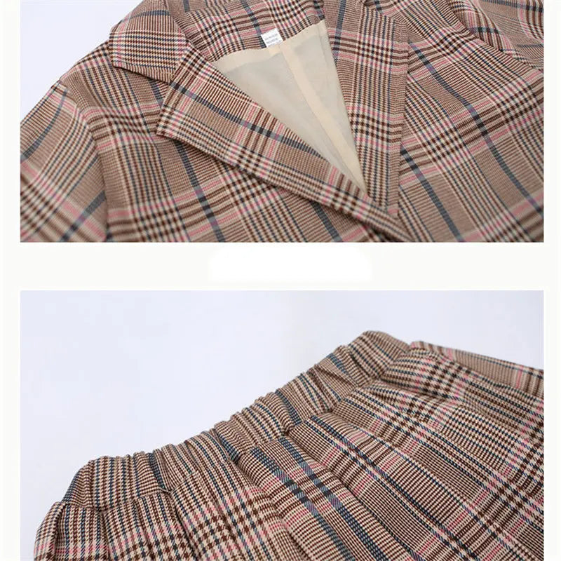 Girls Clothing Suit For Formal Party Blazer And Skirt Set Fashion Spring Children Cotton Linen Plaid Outfits 4 5 7 9 11 12 13Yrs